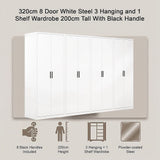320x200cm 8-Door White Steel 3 Hanging and 1 Shelf Wardrobe with Black Handle Storage Cabinet