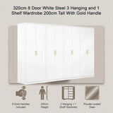320x200cm 8-Door White Steel 3 Hanging and 1 Shelf Wardrobe with Gold Handle Storage Cabinet