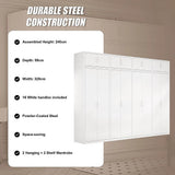 320x240cm 8-Door White Steel 2 Hanging and 2 Shelf Wardrobe with White Handle Storage Cabinet
