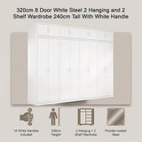 320x240cm 8-Door White Steel 2 Hanging and 2 Shelf Wardrobe with White Handle Storage Cabinet