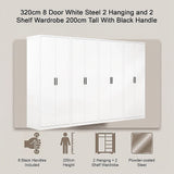 320x200cm 8-Door White Steel 2 Hanging and 2 Shelf Wardrobe with Black Handle Storage Cabinet