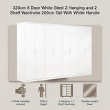 320x200cm 8-Door White Steel 2 Hanging and 2 Shelf Wardrobe with White Handle Storage Cabinet