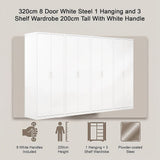 320x200cm 8-Door White Steel 1 Hanging and 3 Shelf Wardrobe with White Handle Storage Cabinet