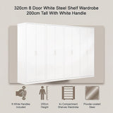 320x200cm 8-Door White Steel Shelf Wardrobe with White Handle Storage Cabinet