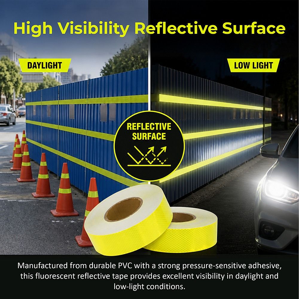 Reflective Tape Hi Vis Fluorescent Yellow 5cm x 50m Adhesive Safety 2 Pack
