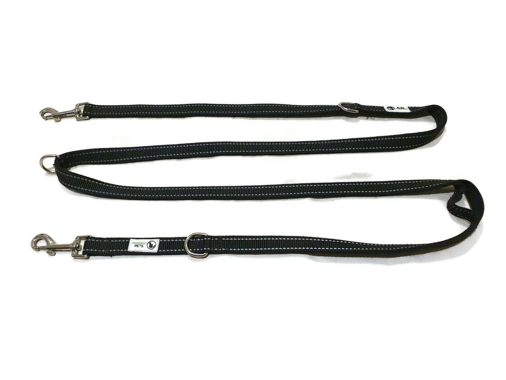 Men's Underwear & Socks: Multi Dog Lead - Nylon w/Reflective Stitching - Double Clip ,Coupler, Waist Belt, Short/Long, Quicktie - Moondidley Pets 25mm Black