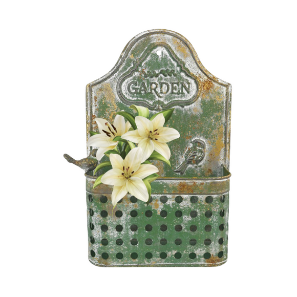 Vintage Green Wall Planter w/ Embossed Garden 29x45cm