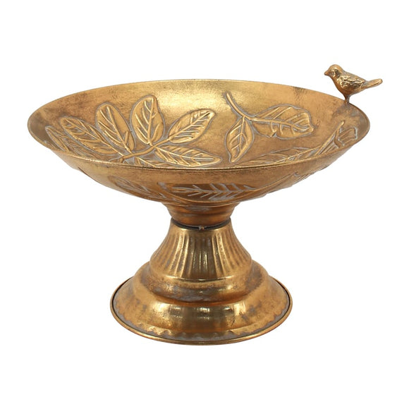 Pressed Metal Footed Bowl w Leaves + Birds 32cm