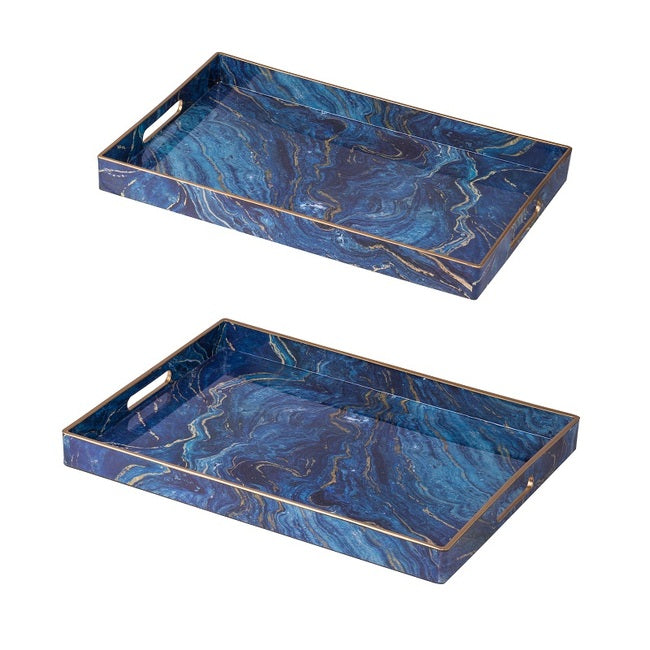 Kitchen & Bathroom DIY: Set 2 Marble Patterned Blue Rectangular Trays 48cm