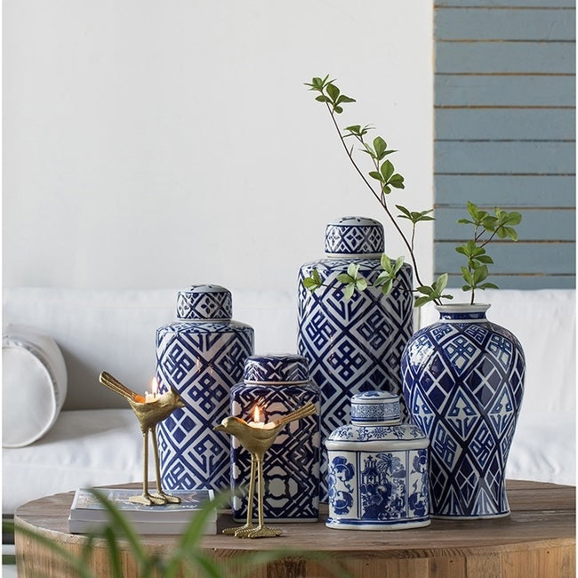 Artificial Flowers & Plants: Valora Blue & White Cylinder Jar 35cm