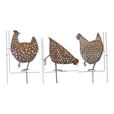 Set 3 Asst Rust Chook Family Garden Stakes 35cm
