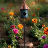Birdhouse w Perched Bird on Leafy Garden Stake 42cm