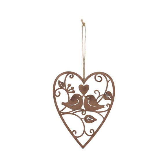 Hanging Metal Lovebirds in Heart 18cm