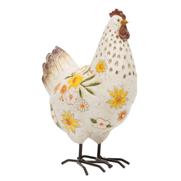 White Chook W Flowers Ornament 23cm