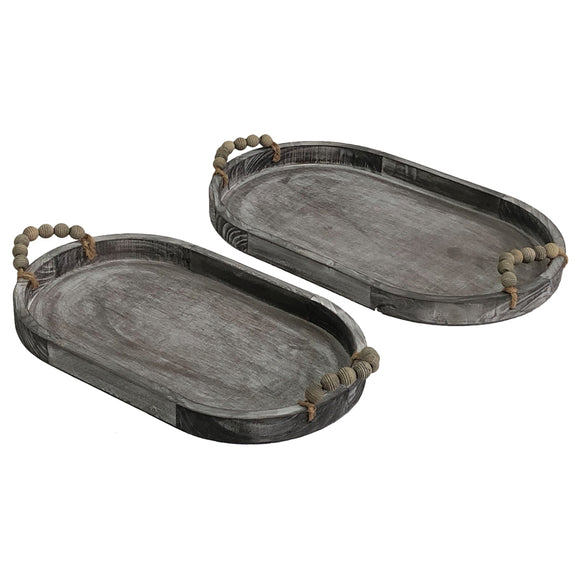 Set 2 Nested Rustic Oval Trays Handles 46x5cm