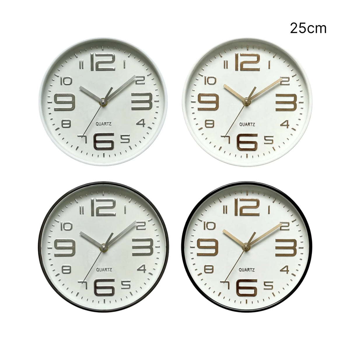 Bulk 12 Plastic Round Wall Clock 25cm 4 Asst