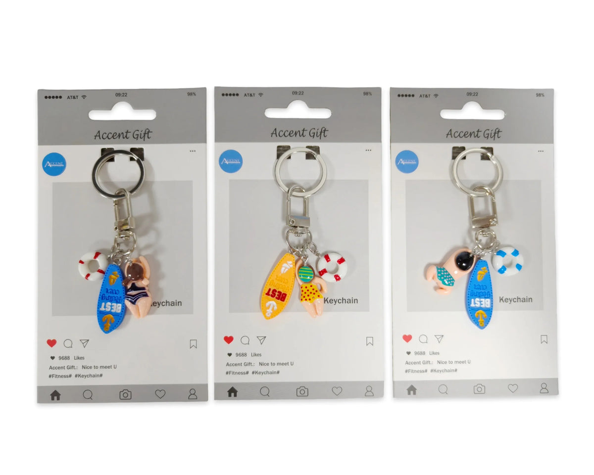 Bulk 24 Set 3 Polyresin Swim & Surf Keychain 3 Asst