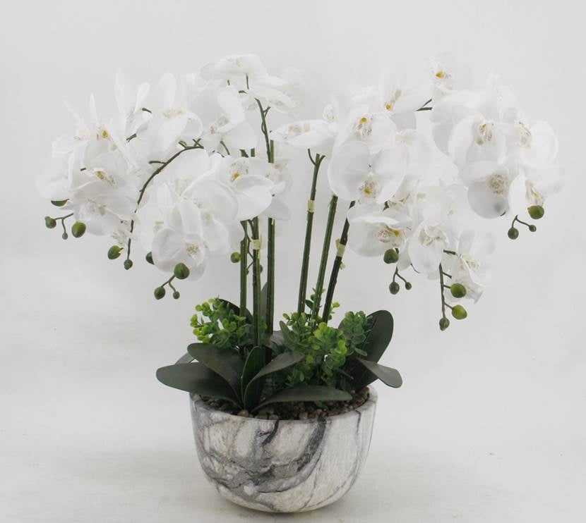 Artificial Flowers & Plants: Large White Orchid In Marble Look Pot 64cm