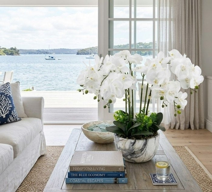 Artificial Flowers & Plants: Large White Orchid In Marble Look Pot 64cm