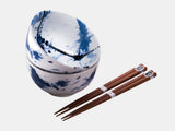 Bowl Set 2pcs with Chopsticks Blue White Splash Design