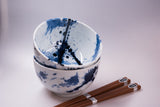 Bowl Set 2pcs with Chopsticks Blue White Splash Design