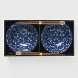 Bowl Set 2pcs with Chopsticks Indigo Dragonfly Design