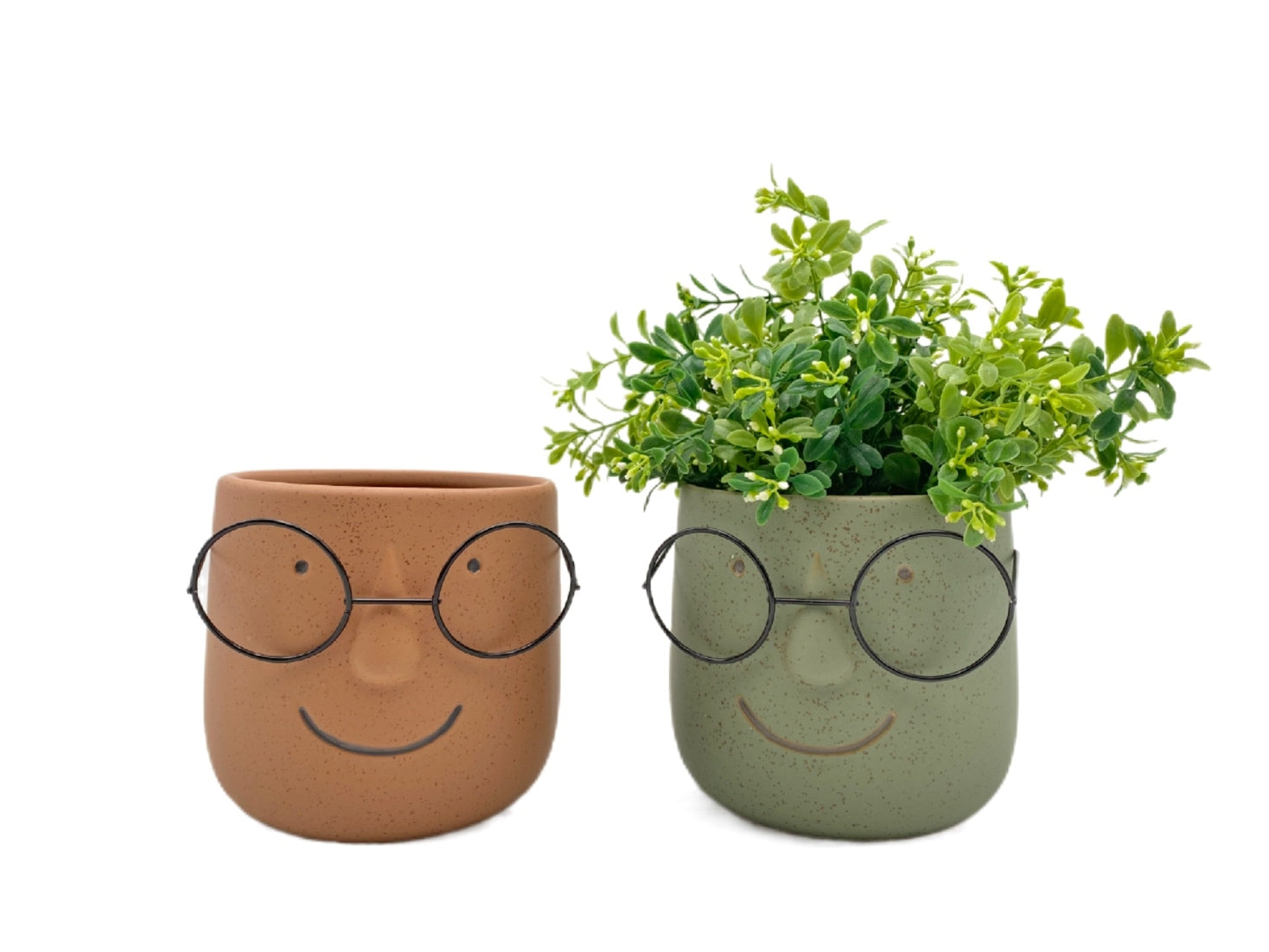 Artificial Flowers & Plants: Man w Metal Glasses in Ceramic Pot Planter Assort 13x14cm