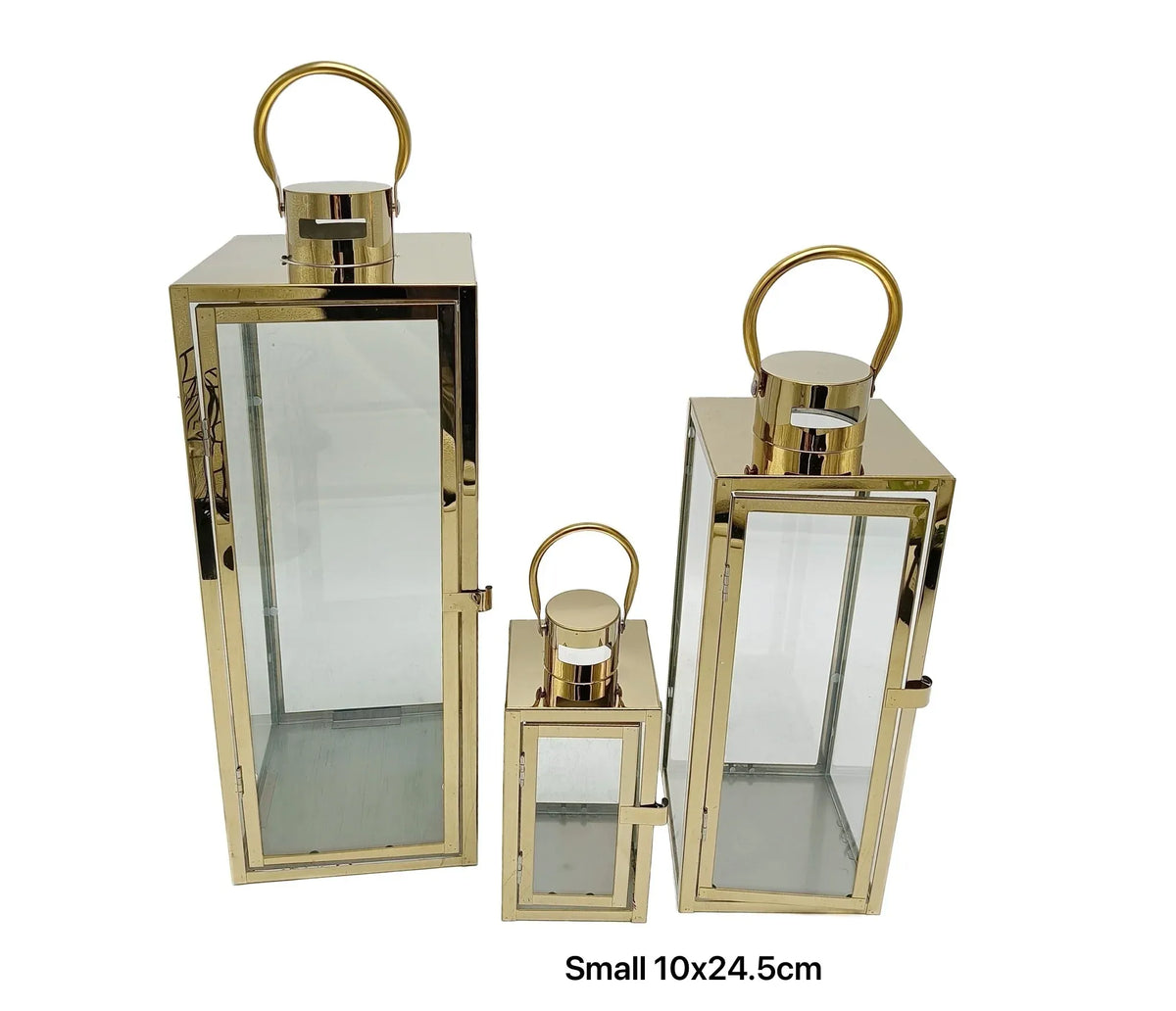 Bulk 8 Small Polish Gold Metal & Glass Lantern 10x24.5cmh