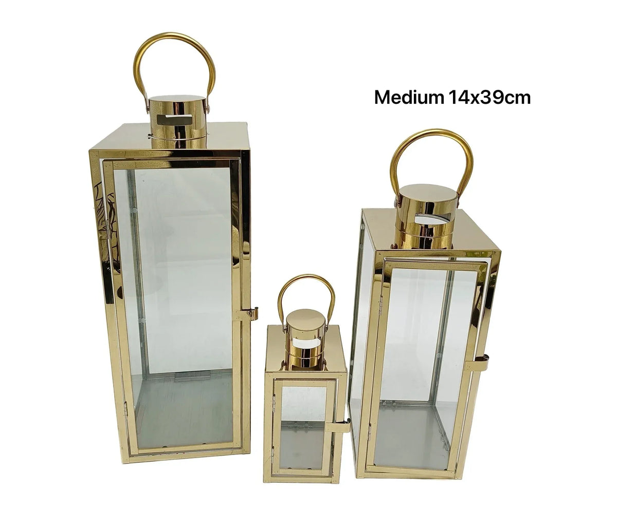 Bulk 6 Medium Polish Gold Metal & Glass Lantern 14x39cmh