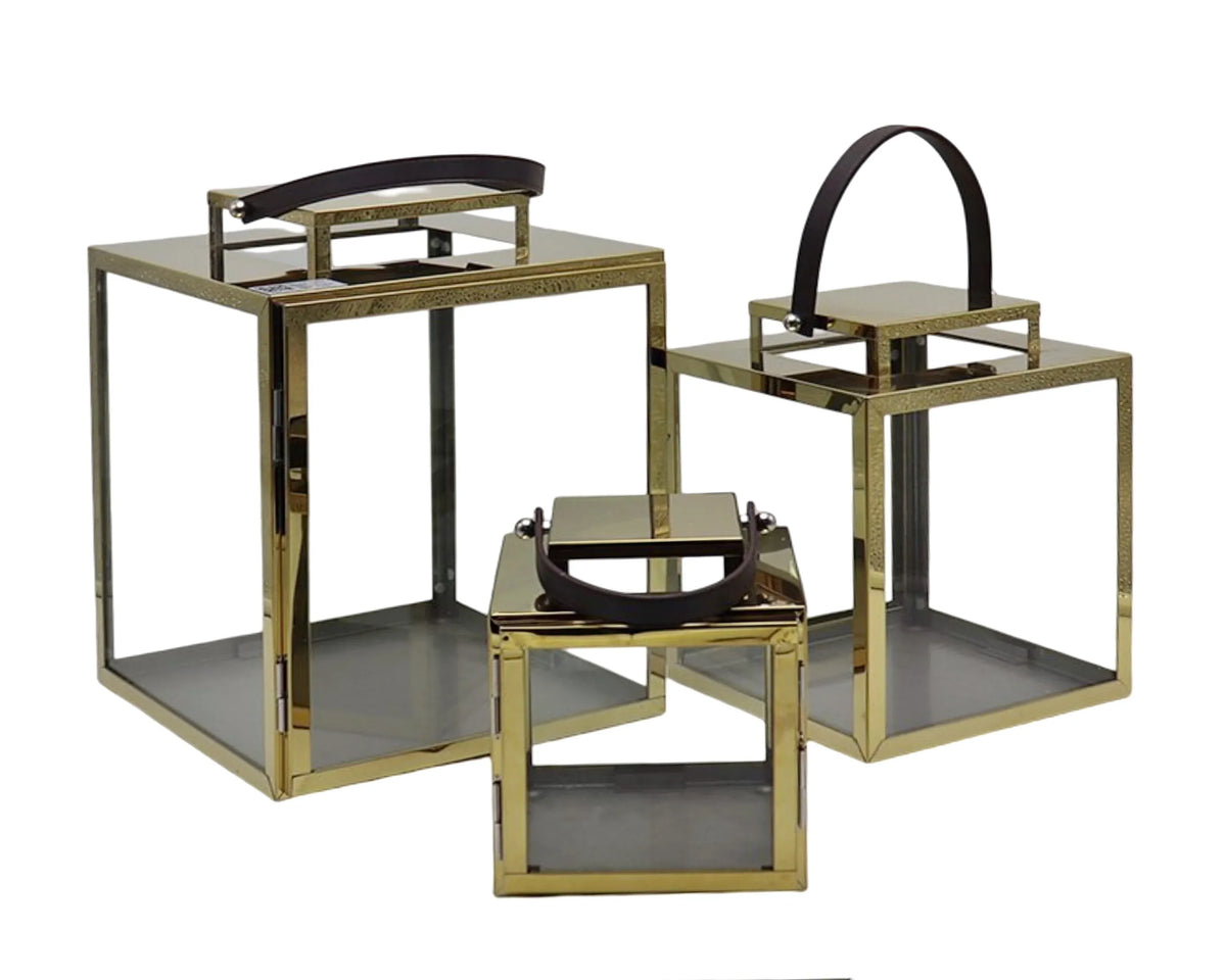 Bulk 4 Polish Gold Metal & Glass Lantern Sml 16x20cmh