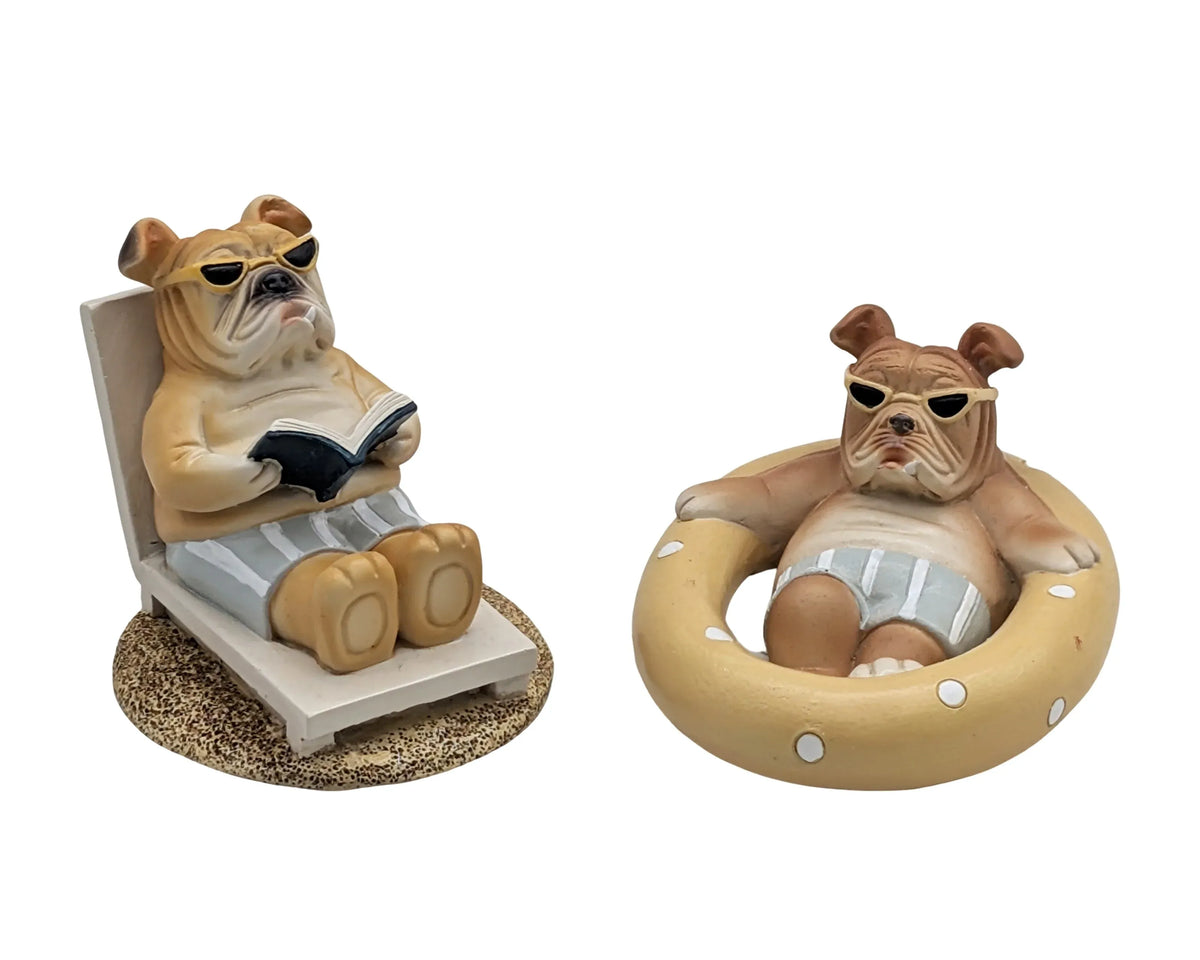 Bulk 12 Polyresin Bulldog On Vacation 8x9.5x7.7cm 2 Asst