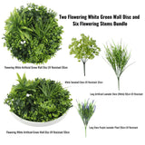 Artificial Wall Plants: Two Flowering White Green Wall 50cm Discs and Six Flowering Stems Bundle