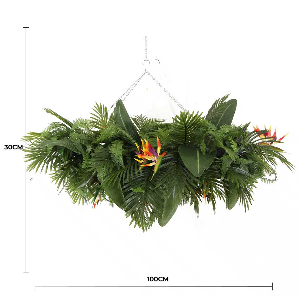 Garden Ornaments: Artificial Hanging Plant Arrangement With Tropical Flowers in a Rectangular Arrangement 100cm x 30cm Mesh + Foliage