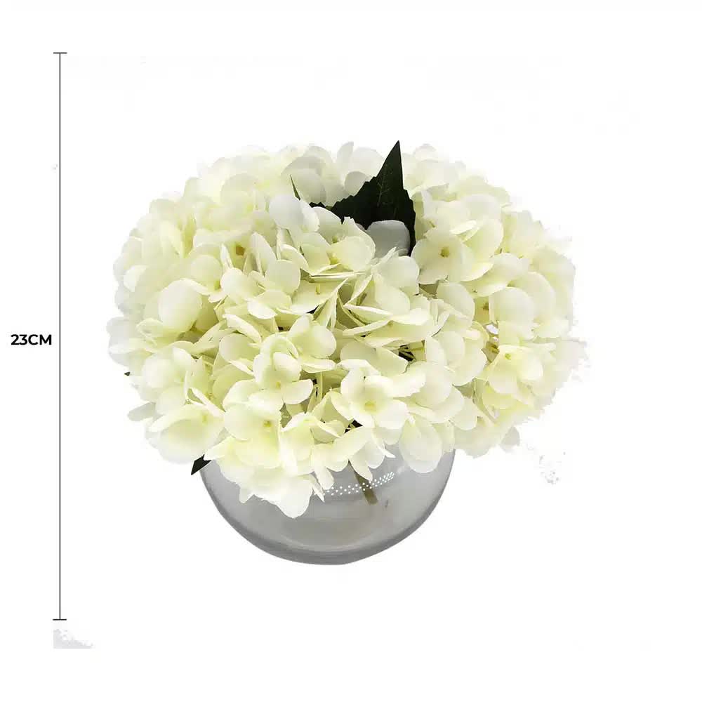 Premium Faux Hydrangea with Glass Vase (Artificial Flowering White Hydrangea) 23cm