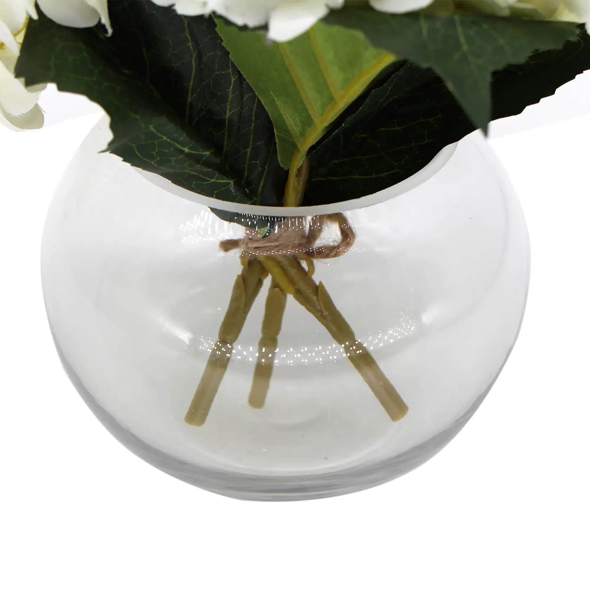 Premium Faux Hydrangea with Glass Vase (Artificial Flowering White Hydrangea) 23cm