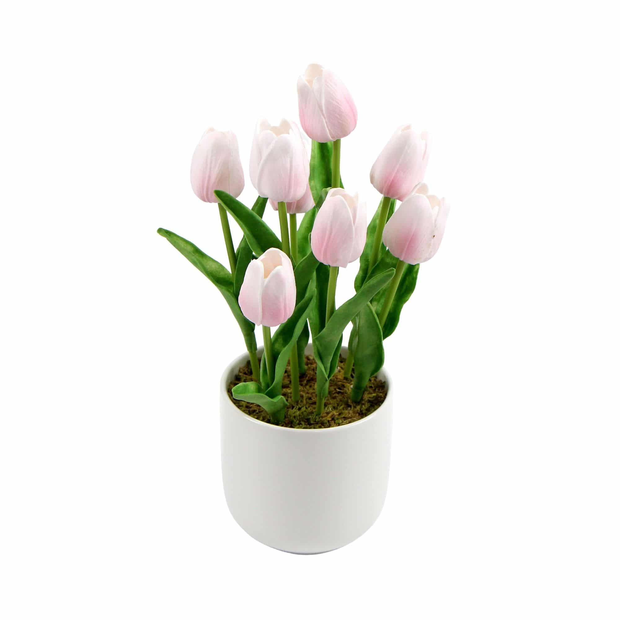 Vases & Table Decor: Flowering Pink Artificial Tulip Plant Arrangement With Ceramic Bowl 35cm