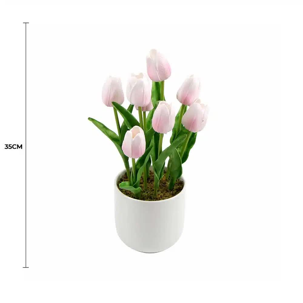 Vases & Table Decor: Flowering Pink Artificial Tulip Plant Arrangement With Ceramic Bowl 35cm
