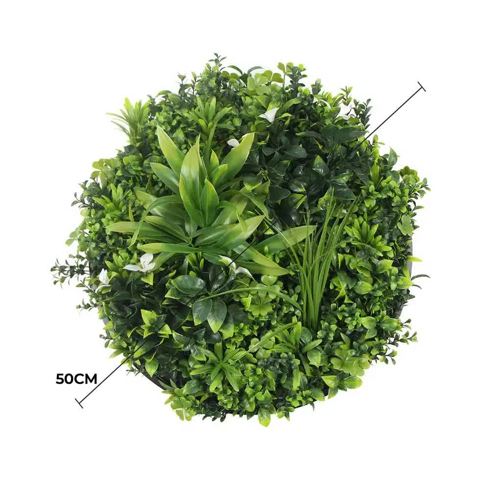 Artificial Wall Plants: Slimline Flowering White Artificial Green Wall Disc UV Resistant 50cm (Black Frame)