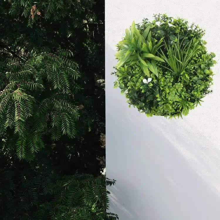 Artificial Wall Plants: Slimline Flowering White Artificial Green Wall Disc UV Resistant 50cm (Black Frame)