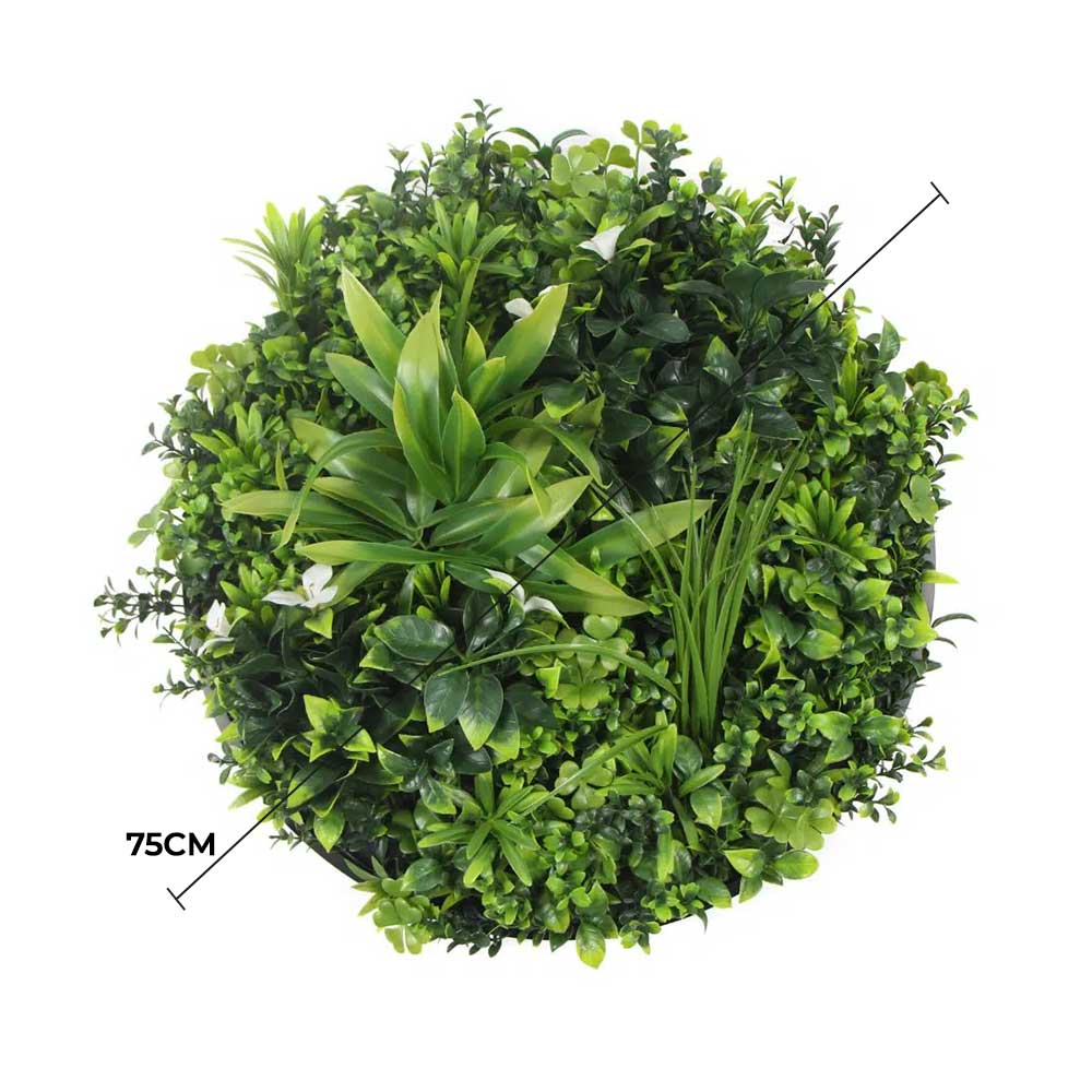 Artificial Wall Plants: Slimline Flowering White Artificial Green Wall Disc UV Resistant 75cm (Black Frame)