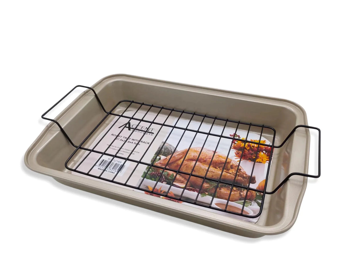 Bulk 6 Champagne Gold Roasting Tray With Rack 37.5x25.8x4.5cm