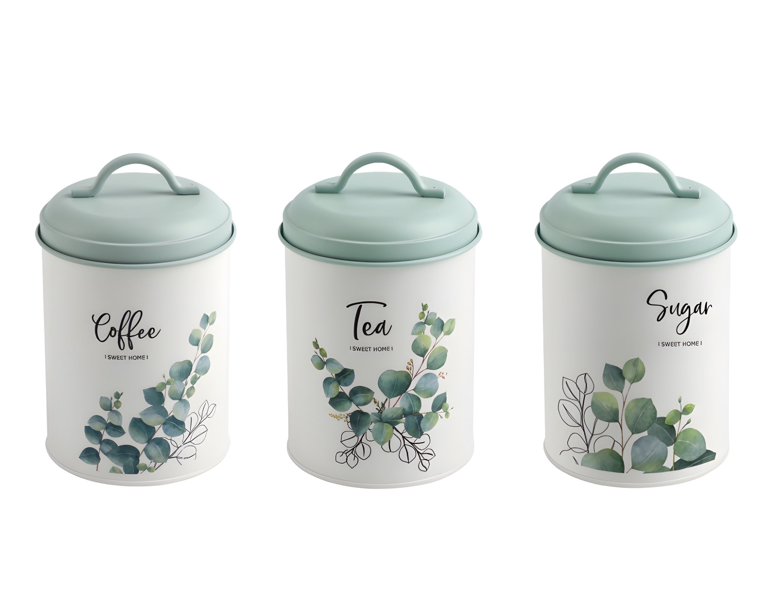 Coffee Tables: Set 3 Eucalyptus Metal Coffee Tea Sugar Storage Tins 11x18cm