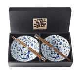 Bowl Set 2pcs with Chopsticks Maneki Cat Blue Design