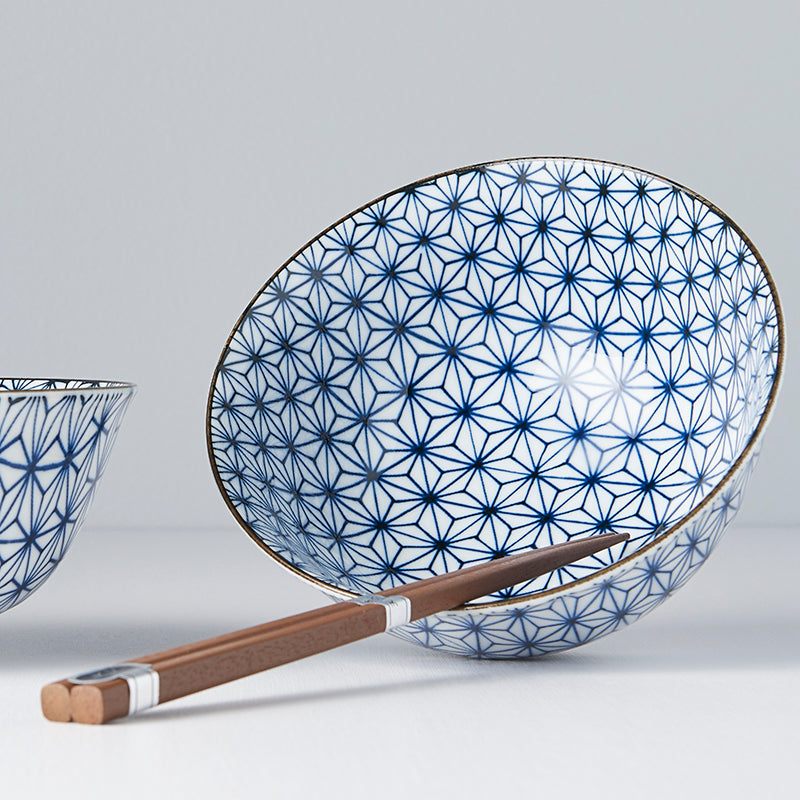Bowl Set 2pcs with Chopsticks Starburst Blue Design