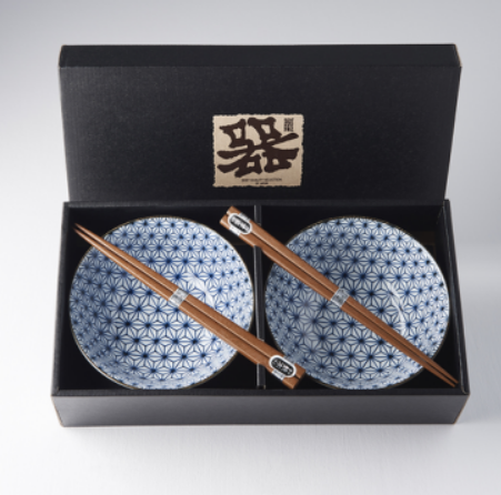 Bowl Set 2pcs with Chopsticks Starburst Blue Design