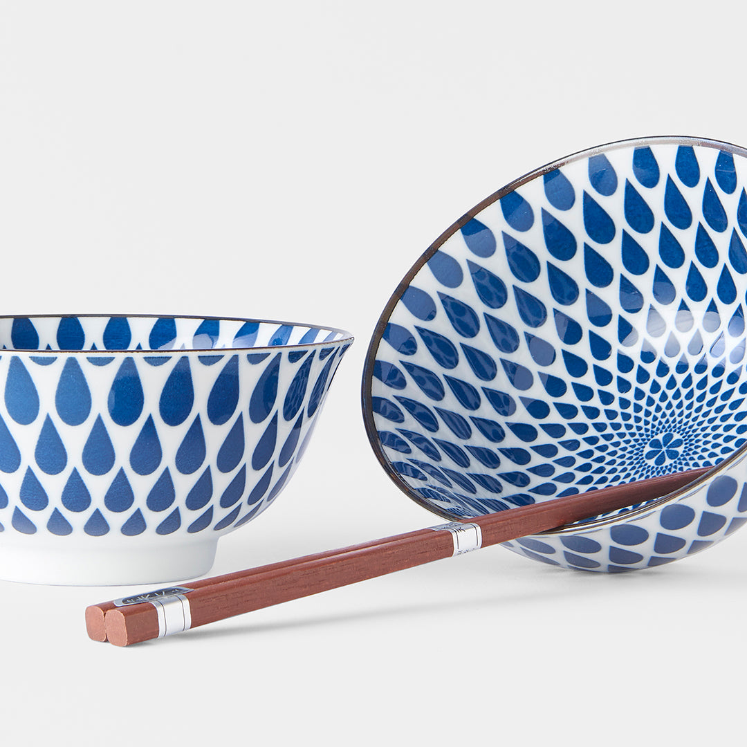 Bowl Set 2pcs with Chopsticks White Blue Teardrops Design