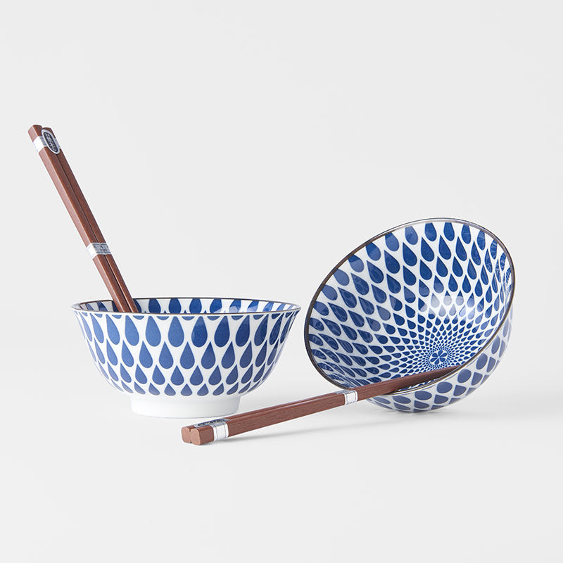 Bowl Set 2pcs with Chopsticks White Blue Teardrops Design