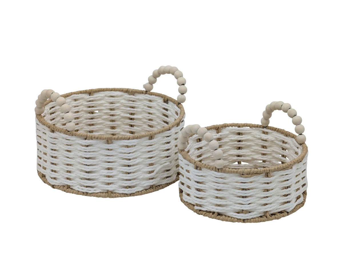 Bulk 6 Natural & White Paper Rope Basket W Bead Handle d25xh11/17cm