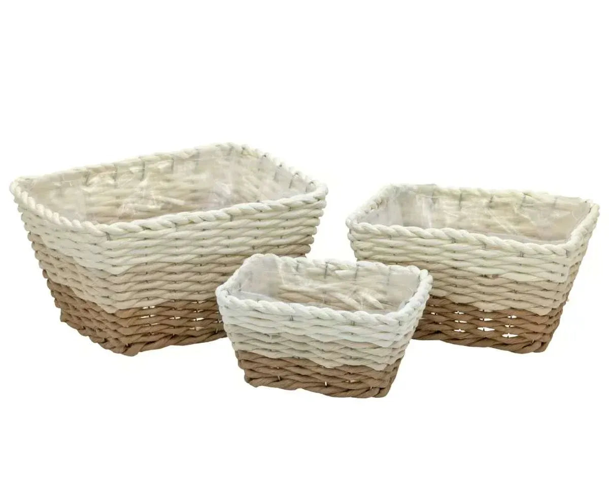 Bulk 6 Natural & White Paper Rope Basket 30x24x17cm