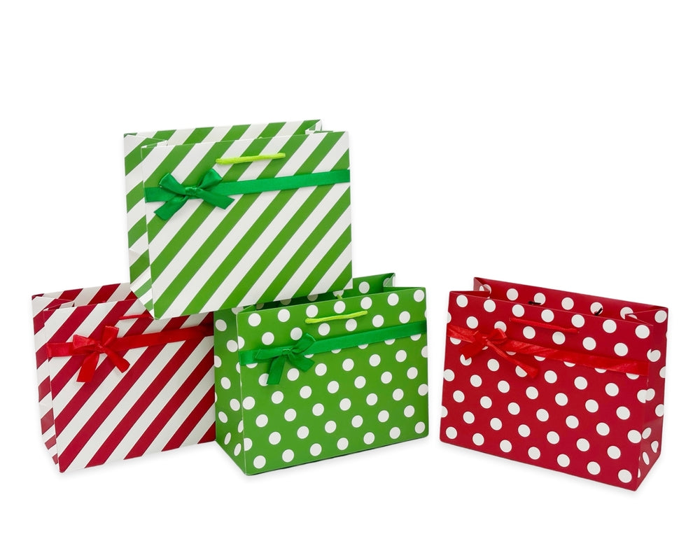 Gift Bags: bulk 48 Medium Red & Green Dots Stripes Gift Bag Assorted 23cm